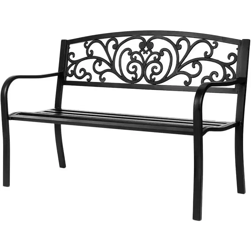 VINGLI Outdoor Metal Bench w/PVC Floral Pattern Back, 2-Person Black Steel Bench, All-Weather Garden Bench for Park Porch Entryway