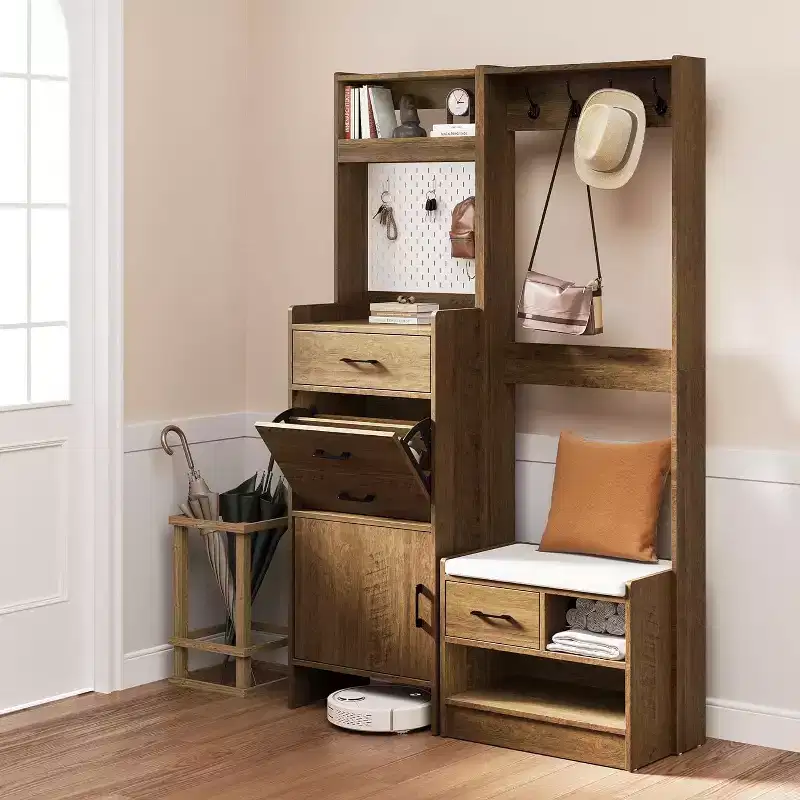 7-in-1 Hall Tree with Hidden Shoe Storage, Entryway Bench with Coat Rack and Pegboard, Coat Rack with Bench Mudroom Storage