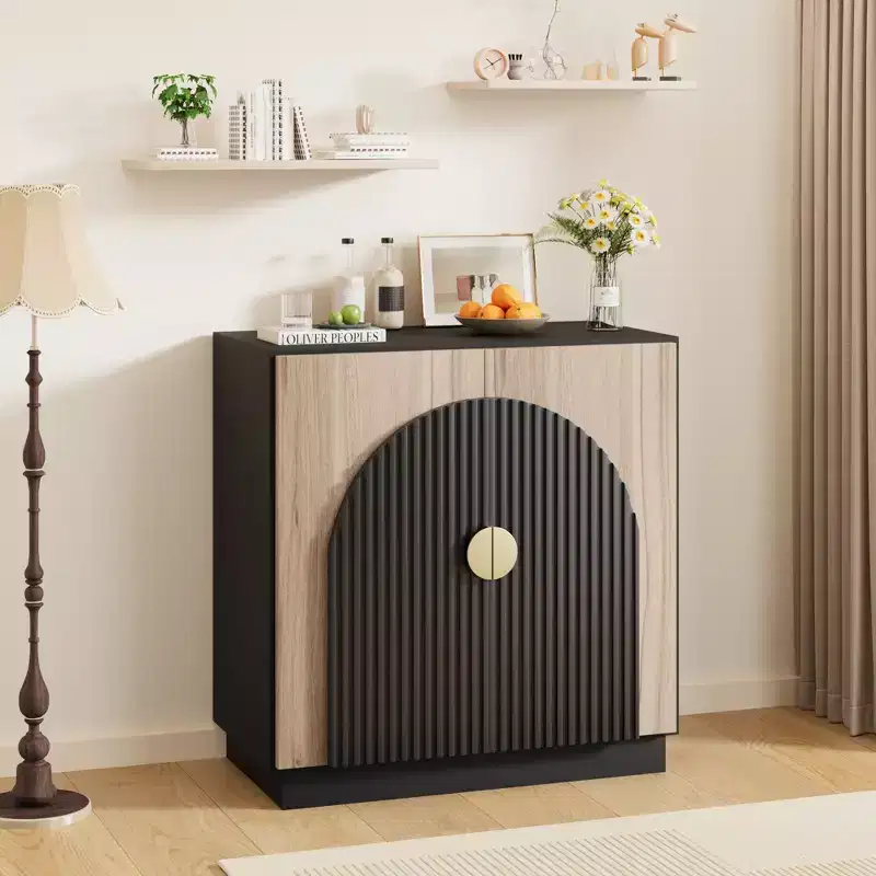 Mid-Century Modern Buffet Cabinet with Fluted Design & Arched Doors, Storage Sideboard for Dining Room, Living Room, Kitchen, Adjustable Shelves