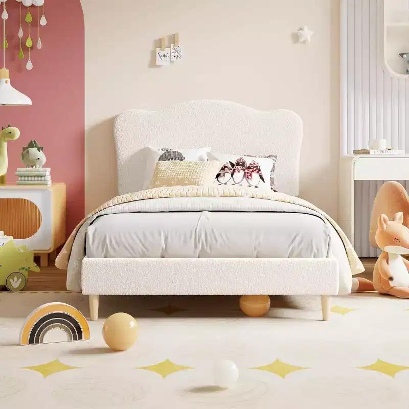 Twin Size Bed Frame with Adjustable Headboard, Boucle Upholstered Platform Bed for Kids, Strong Wood Slats, No Box Spring Needed