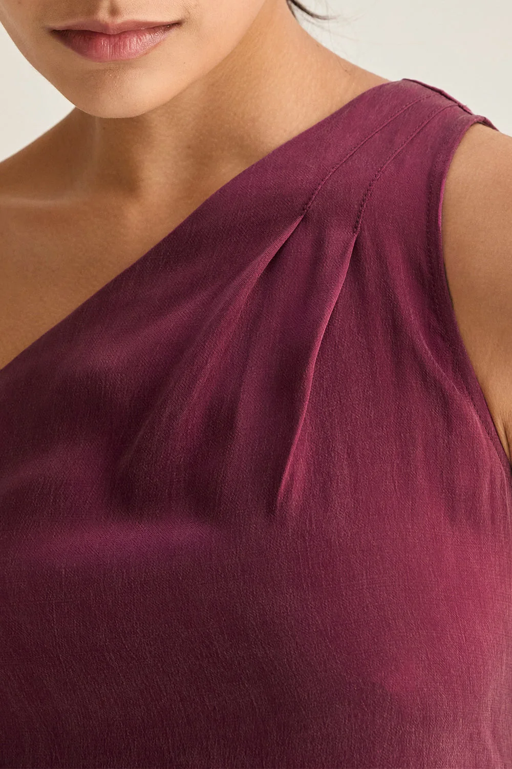 One Shoulder Cupro Sleeveless Blouse with Pleat Detail