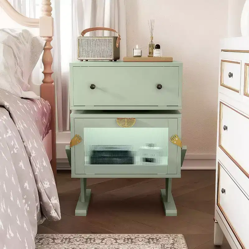 Heynemo Nightstand with LED Light Strips, 360 Degree Rotating Drawer, Glass Door Storage, Wood Night Stand Cabinet for Living Room, Bedroom