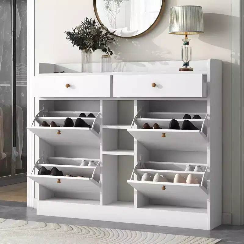 Shoe Cabinet with 4 Flip Drawers, Multifunctional 2-Tier Shoe Storage Organizer with Drawers, Free Standing Shoe Rack for Entrance Hallway, White