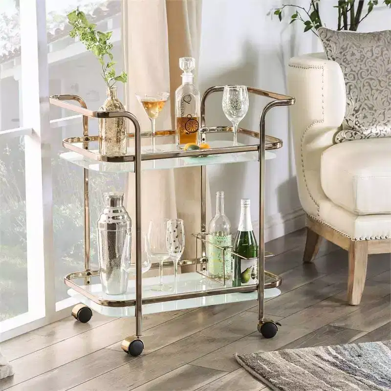 Champagne Glossy Metal & Glass 2-Shelf Serving Cart with Wheels