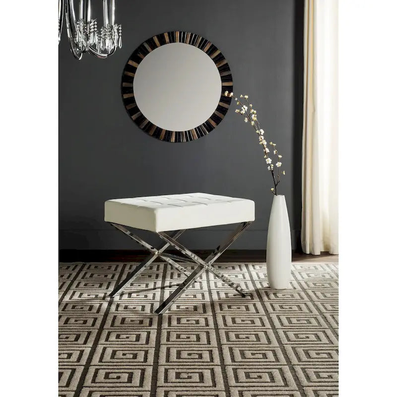 Modern Tufted Leather Ottoman with X-Frame Chrome Base