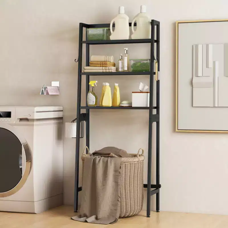 Over The Toilet Storage Shelf 3-Tier Free Standing Above Toilet Rack Stand 2 Side HooksWhite/Black