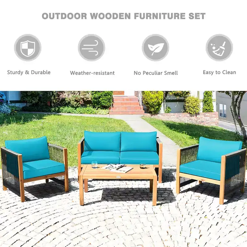 Costway 4PCS Wooden Patio Furniture Set Cushioned Sofa W/Rope Armrest White\Turquoise\Red