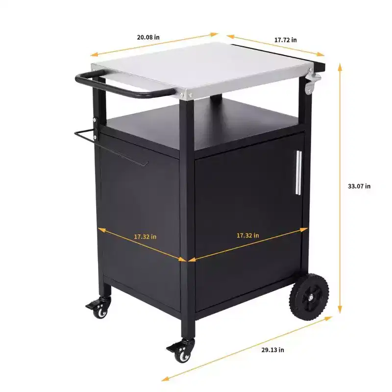 Karl Home 4-Wheel Black BBQ Cart with Stainless Steel Top, Single-Door Cabinet Grill Station