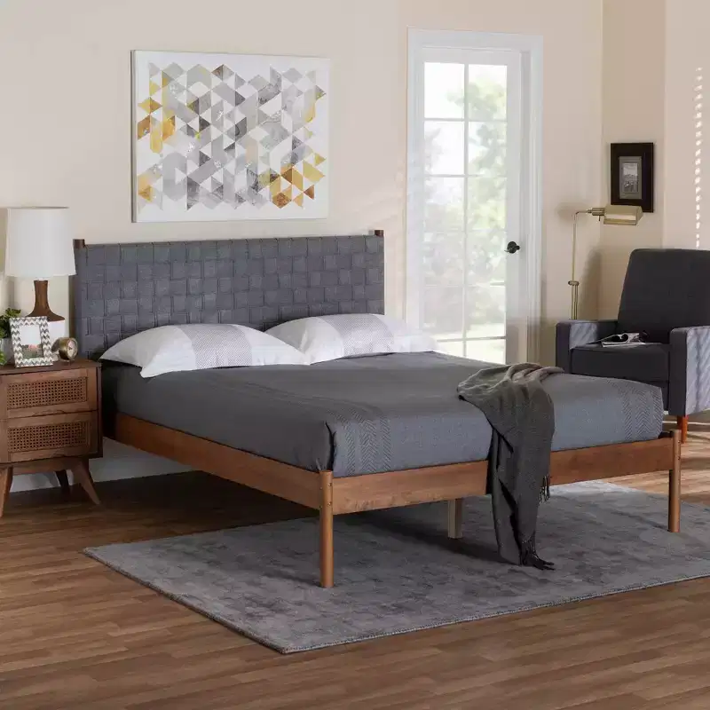 Queen Size Woven Fabric and Wood Platform Bed, Gray/Walnut Brown