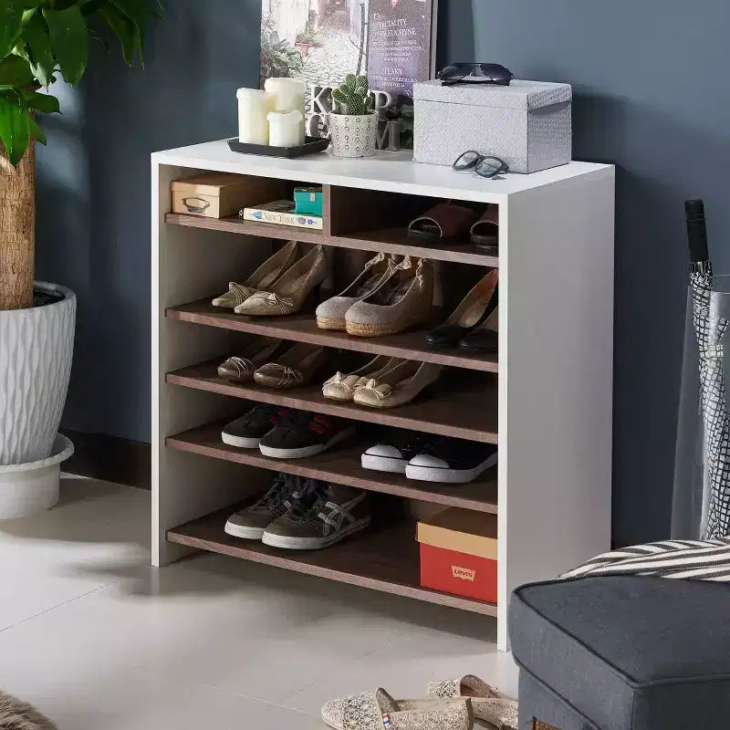 HOMES: Inside + Out Farrar Contemporary Shoe Cabinet Chestnut Brown/White: MDF Wood Veneer, 16-Pair Storage, Adjustable Shelves