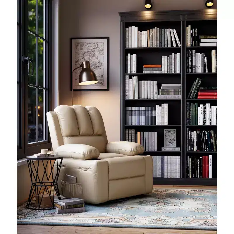 Recliner Chair for Adults, Faux Leather Manual Rocker Recliner, 360 Degree Swivel Lounge Chair with Side Pocket, Single Sofa Seat, Beige