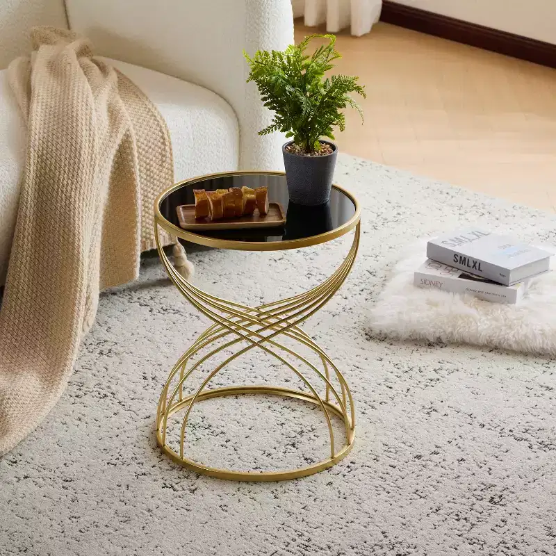 Modern Side Table Round End Table Coffee Table Bedside Table Nightstand with Golden Metal Frame and Black MIirror Top