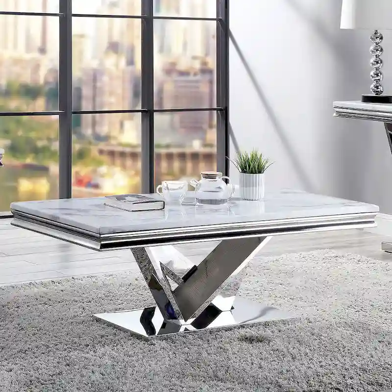 Kaliki Glam 51-inch Faux Marble Top Coffee Table with Chrome Pedestal Base by Furniture of America