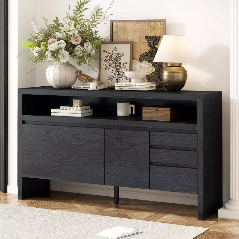 60 Accent Storage Cabinet Sideboard with 3 Drawers, Big Open Shelf & 3 Doors, Buffet Cabinet Entryway Console Table TV Stand for Living Room Kitchen