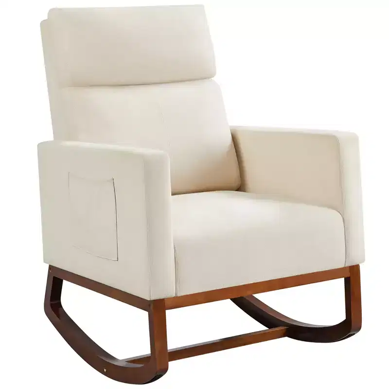 Upholstered Rocking Chair – Rubber Wood Legs, Side Pockets, 300 lb Capacity