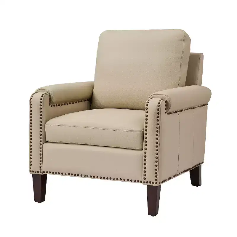 Genuine Leather Armchair with Removable Cushion and Nailhead Trims, Transitional Accent Chair