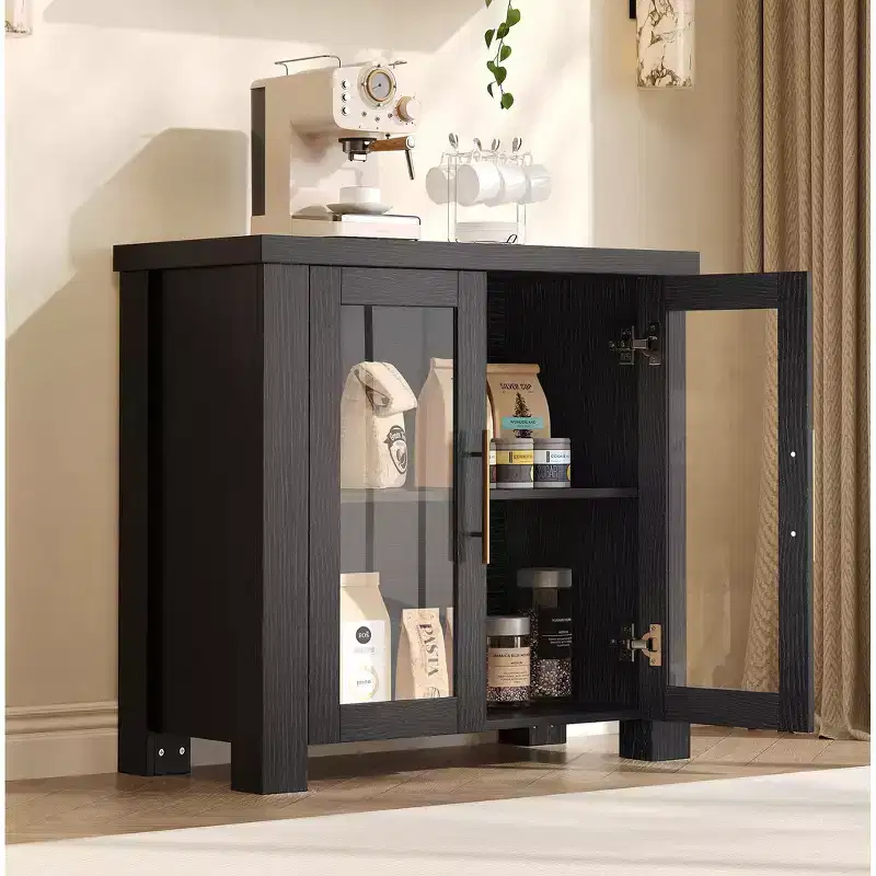 Wood Veneer Buffet Cabinet with Tempered Glass Doors