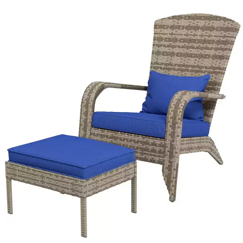 Wicker Adirondack Chair Fire Pit Chair w/ Ottoman & Cushions