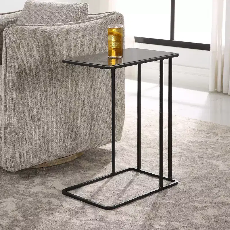 Rectangular Bluestone Top Accent Table with Black Iron Frame & Carved Details, 24