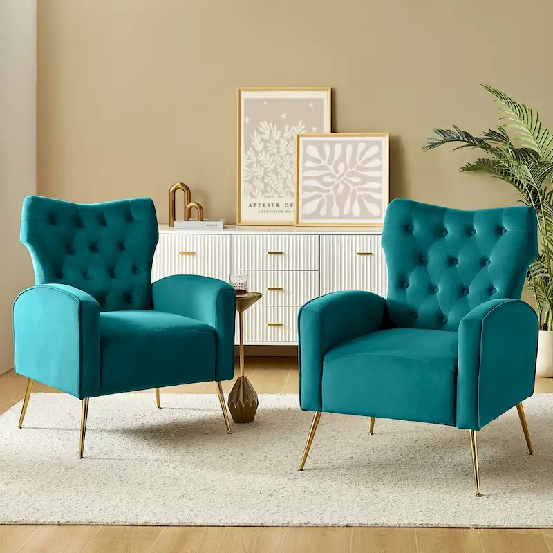 Contemporary Velvet Wingback Tufted Chair With Gold Flared Metal Legs