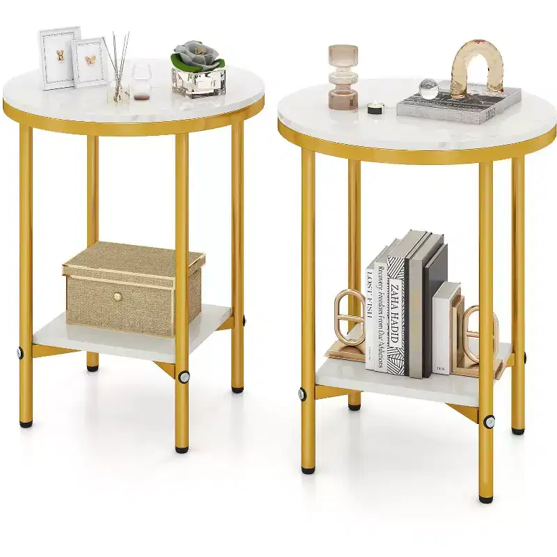 Costway 2-Tier Round Side Table Set of 2 16 Faux Marble End Table w/ Storage Shelf