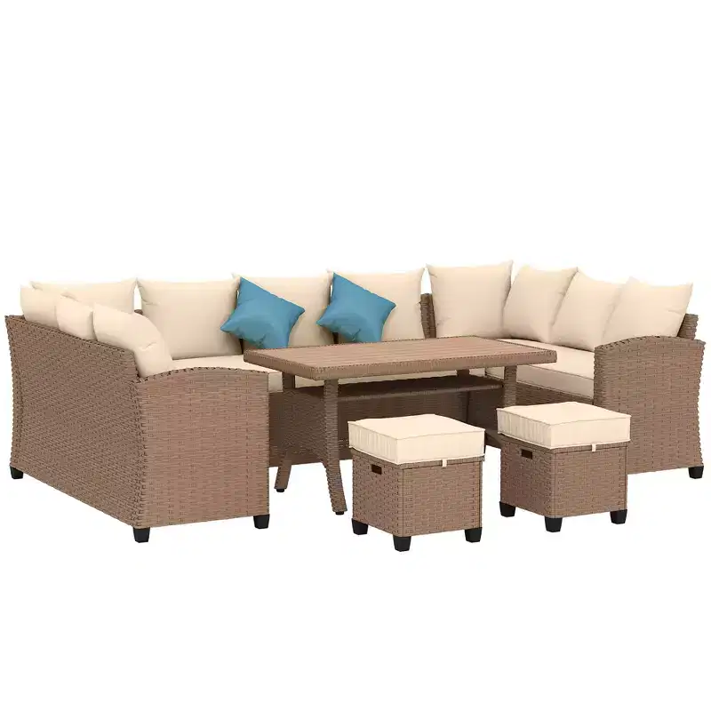 6 Piece Patio Furniture Set, PE Wicker Outdoor Furniture Conversation Set with 3 Sofas, 2 Ottomans and Slatted WPC Top Dining Table