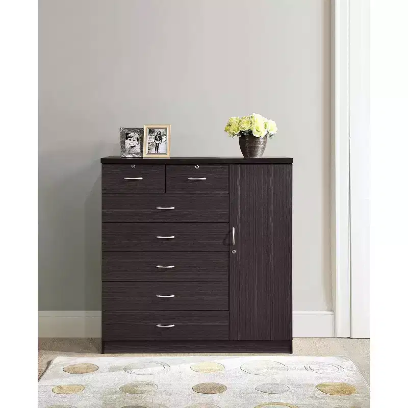 7 Drawer Jumbo Chest, Five Large Drawers, Two Smaller Drawers with Two Lock, Hanging Rod, and Three Shelves, Vertical Dresser