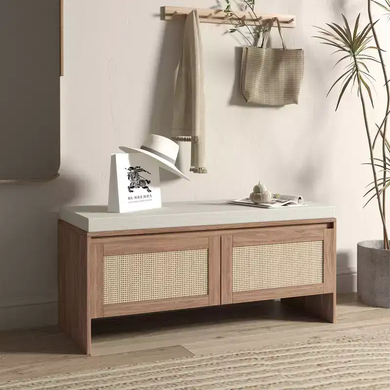 Entryway Shoe Storage Bench with Faux Rattan Doors, Wood Entryway Seat with Cushion, Dust-Proof Shoe Cabinet for Bedroom, Living Room, Brown