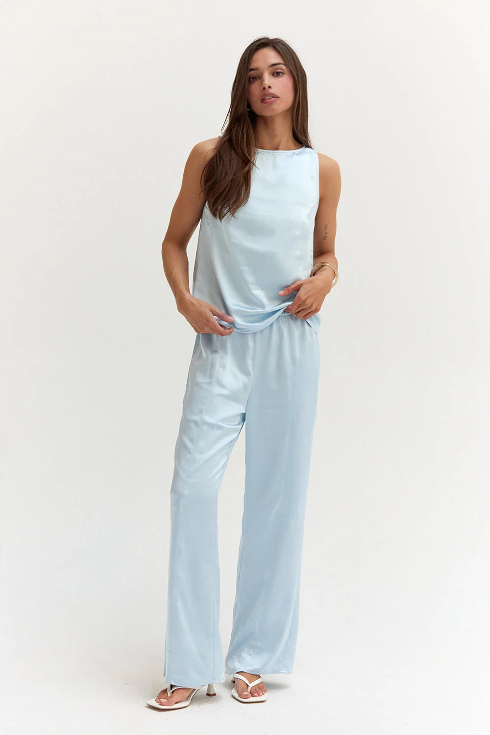 Satin Pull On Pants Relaxed Straight Leg Elastic Waist Women