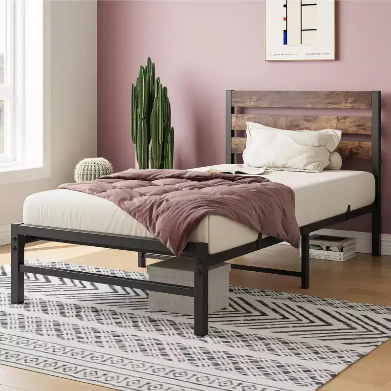 CLIHOME Rustic Brown Platform Bed Frame with Rustic Vintage Wood Headboard, Strong Metal Slats Support Mattress Foundation