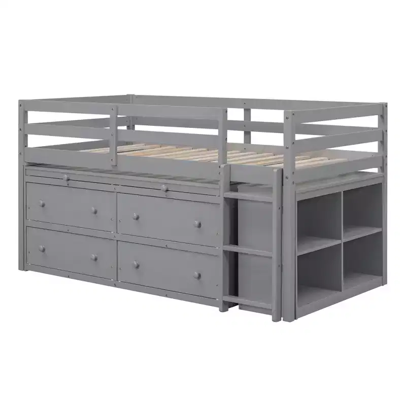 Low Loft Bed with Retractable Desk, Space Saving Wooden Bed Frame with 4 Drawers & 4 Shelves