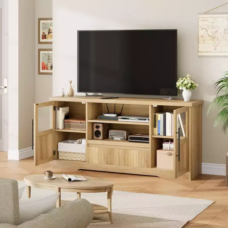 63 Farmhouse TV Stand for TVs Up to 72, Wave Pattern Entertainment Center with 2 Glass Door Cabinets & 2 Open Shelves, Sturdy Wood
