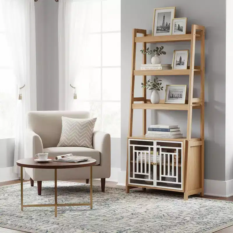 Ladder Shelf with Storage Cabinet and Open Display, Natural