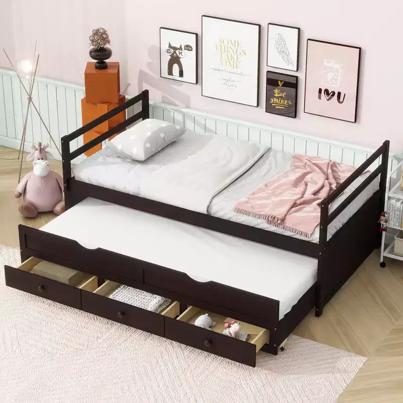 Twin Size Daybed Bed with Trundle and Three Storage Drawers, Wood Platform Bed with Headboard and Footboard for Kids