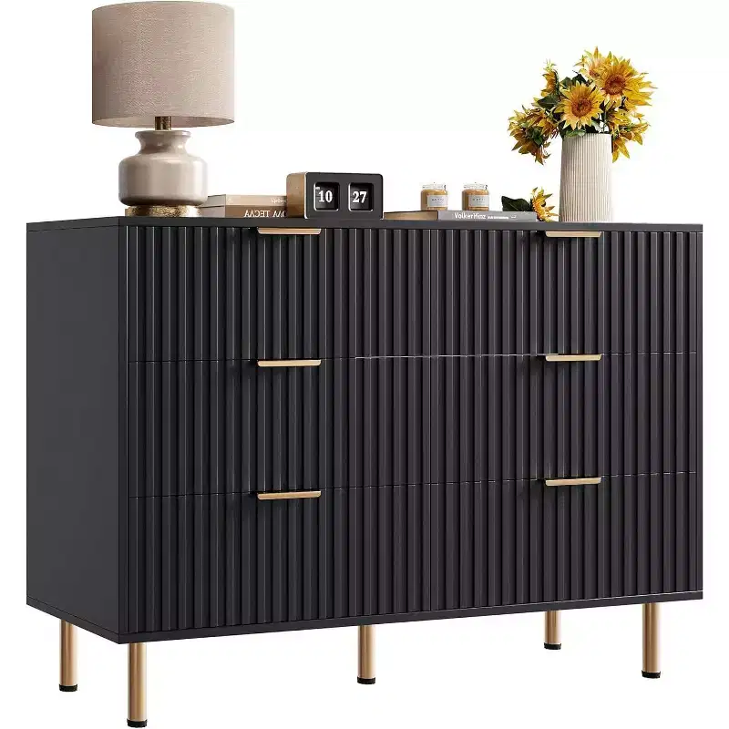 Acekool 6 Drawer Dresser, Modern Fluted Double Dresser TV Stand with Deep Drawers & Gold Legs, Storage Organizer for Bedroom or Living Room