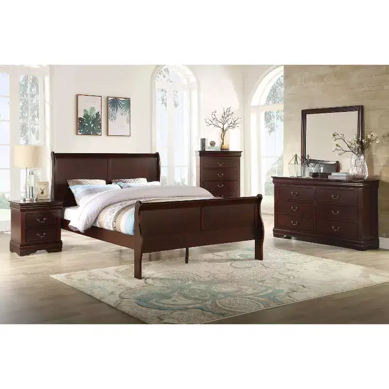 Okak 56 Full Sleigh Bed Solid Wood Youth Bed Frame with Headboard/Footboard, Low Profile Safe Design for Kids Room, Cherry