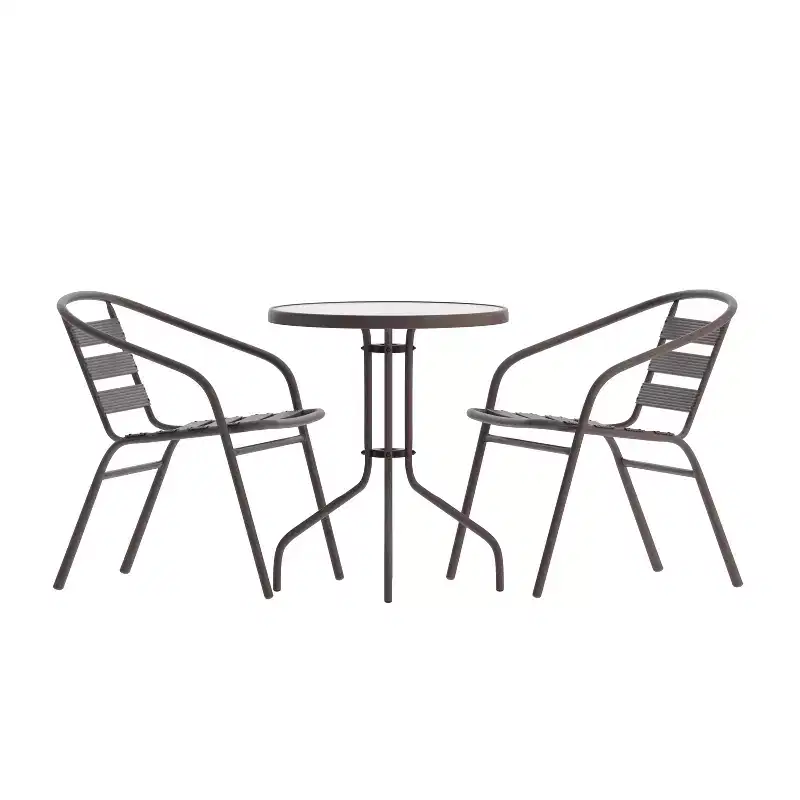 Emma and Oliver 23.75'' Round Glass Top Metal Table with 2 Aluminum Slat Stack Chairs