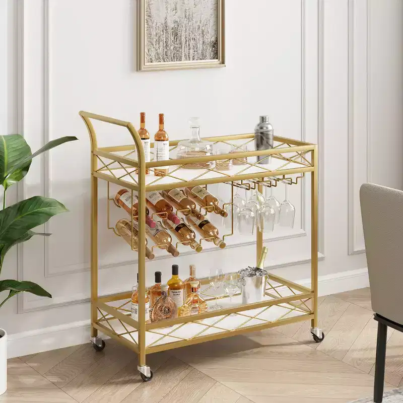 2-Tier Bar Cart with Wine Rack and Glass Holder