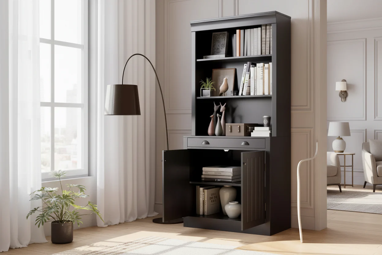 Modern Bookcase with Louvered Doors, Adjustable Shelves, Drawer & Cabinet, Safety Anti-Tip