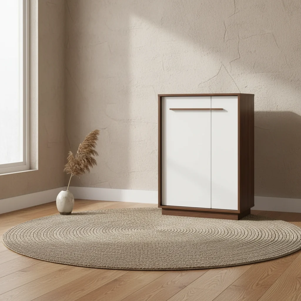 Walnut Finished Wood Shoe Cabinet White - Entryway Storage, 15-Pair Organizer