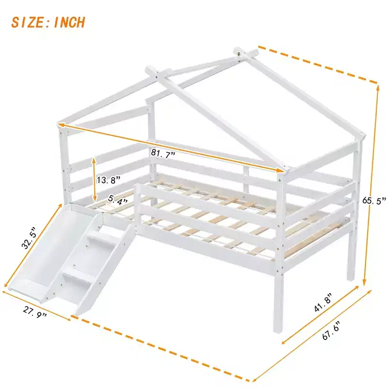 Luxystar Twin Low Loft House Bed with Slide, Ladder, Safety Guardrails and House Roof Frame for Kids' Room