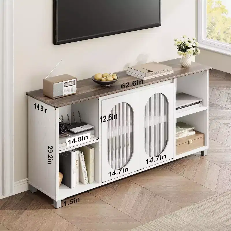 70 Rustic TV Stand - Entertainment Center with Corrugated Glass Cabinet Doors & Open Shelves, Media Console for Living Room (White & Dark Brown)