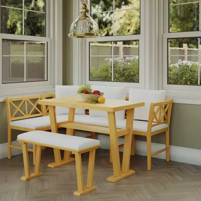 6 Piece Dining Table Set for 6, Farmhouse Dining Set, Space Saving Kitchen Nook Dining Room Breakfast Nook Table Set, Natural+White - ModernLuxe