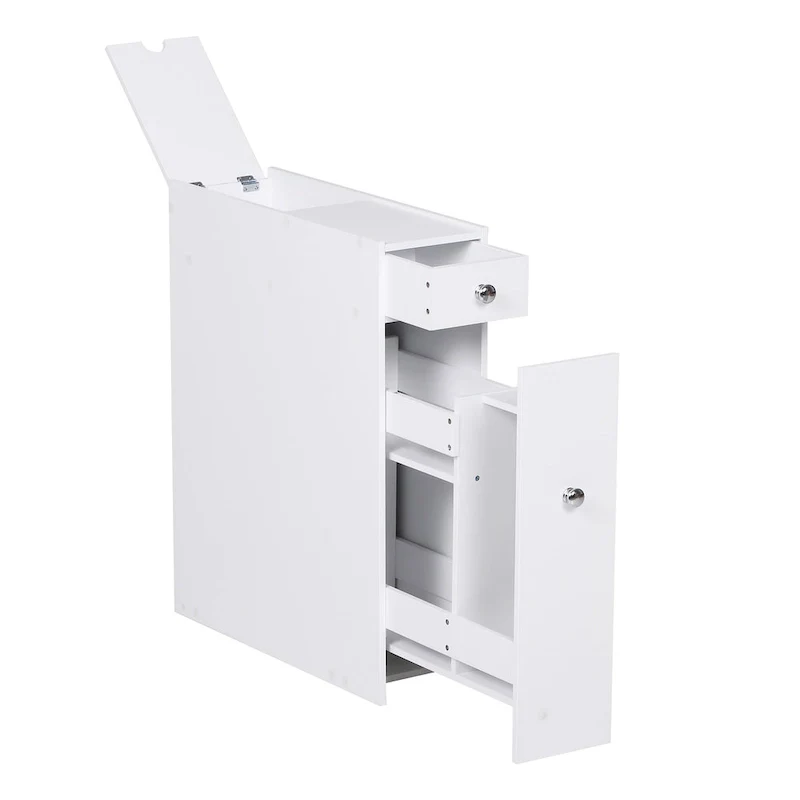 Narrow Slide-Out Bathroom Floor Cabinet with Drawers – White, MDF, Chrome Knobs, Freestanding
