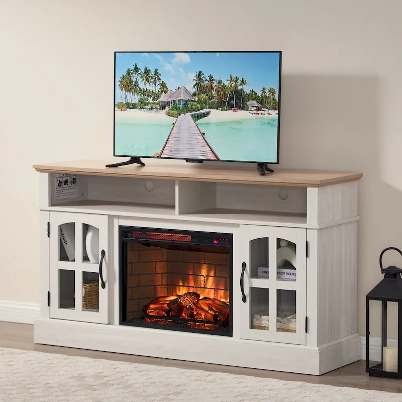 Jasmine White 2-Door Electric Fireplace TV Stand, Fits up to 70