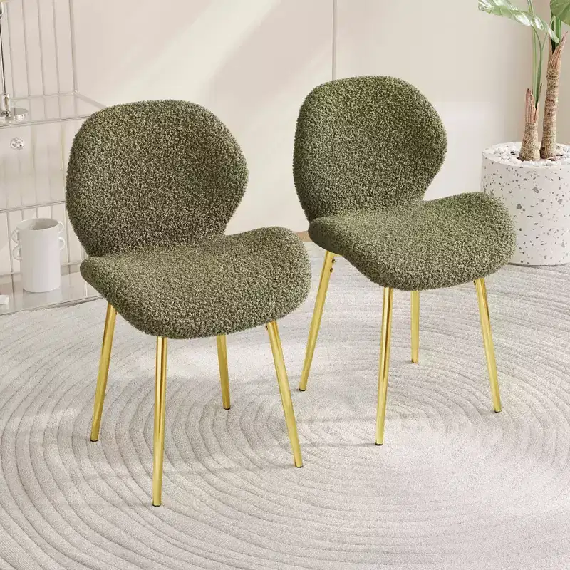 Minimalist Green Teddy Velvet Dining Chairs of with Sturdy Gold Metal Legs Backrest for Kitchen Restaurants Office Green