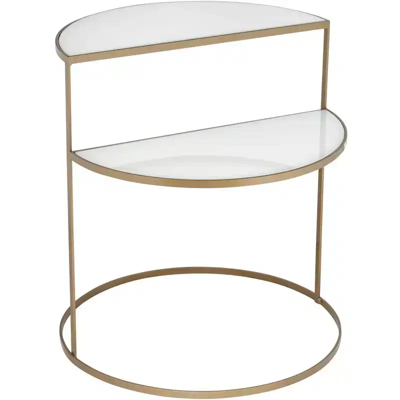 Kensington Hill Danica Modern Metal Accent Side End Table 25 x 22 1/4 Gold 2-Tier Half-Moon White Tempered Glass for Living Room Bedroom Bedside