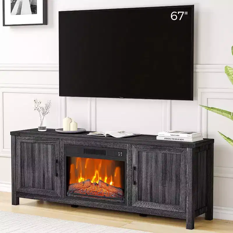 67 Fireplace TV Stand with 23 Electric Fireplace, Farmhouse Drawer Wood ,Modern Entertainment Center for Living Room