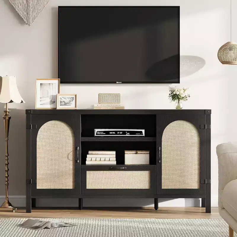 47 Boho Farmhouse Rattan Buffet Cabinet with Adjustable Shelves & Arched Cane Doors,Storage Sideboard for Kitchen, Dining, Living Room & Entryway