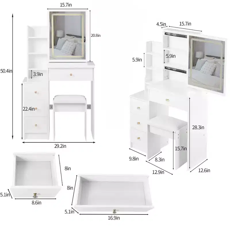 Okak Vanity Table and Chair Set, 29.2 Small Left Bedside Cabinet Vanity Table with Extra Large Touch Control Sliding LED Mirror, White